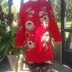 Red Embroidered Women's Coat with Floral Appliqué